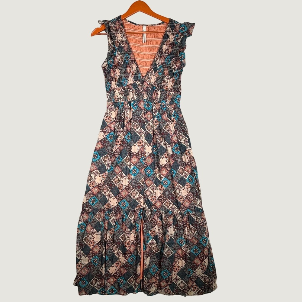 Anthropologie The Peregrine Midi Dress Womens XS Print Flutter Boho Smocked